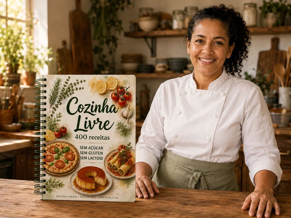 Imagem ilustrativa de uma chef fictícia ao lado do livro Cozinha Livre, com 400 receitas